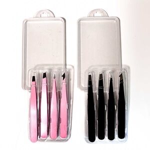 NEW -8-Piece Tweezer Set (4 Pink, 4 Black) w Reusable Cases - Beauty & Grooming